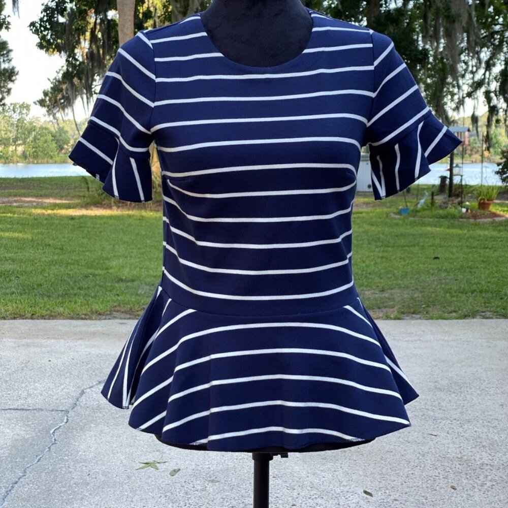 J. Crew Size Medium Navy and White Striped Peplum Blouse